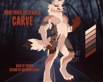 May include: Digital illustration of a wolf-like creature with a knife, blood splatters, and a color palette. Text includes "ADOPTOBER 2025 DAY 5 CARVE" and artist credits. The design features shades of white, brown, and red.