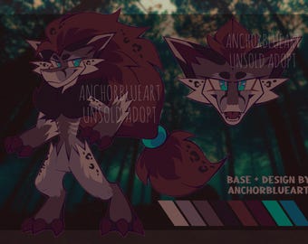 May include: Digital art of a stylized anthropomorphic creature with a lion-like mane and tail, and cheetah-like spots. The creature has teal eyes and is in shades of brown, tan, and white. The text "ANCHORBLUEART UNSOLD ADOPT" is visible.