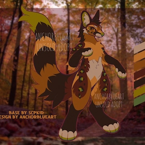 May include: Digital artwork of a fox-like character in brown, orange, and green. The design features a long tail and spotted markings. Text includes "ANCHORBLUEART UNSOLD ADOPT" and "BASE BY SCPKID DESIGN BY ANCHORBLUEART".