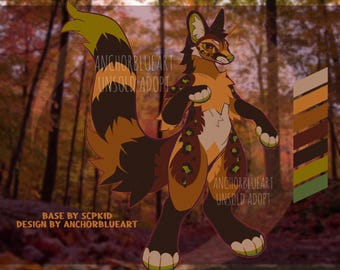 May include: Digital artwork of a fox-like character in brown, orange, and green. The design features a long tail and spotted markings. Text includes "ANCHORBLUEART UNSOLD ADOPT" and "BASE BY SCPKID DESIGN BY ANCHORBLUEART".