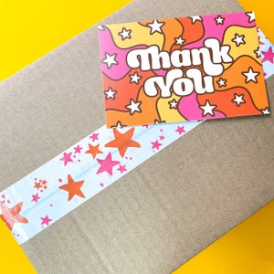 Printed Packaging Tape, White with ORANGE + PINK Stars, Patterned Carton Tape, Designer Tape, Packing Tape, Pretty Tape, Made in USA