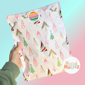 25ct-100ct 10x13&quot; Poly Mailer PINK WONDERLAND, 3.15mil Thick. Boutique Poly Mailers. Christmas Winter Mailers, Retro Tree Holiday Mailers!