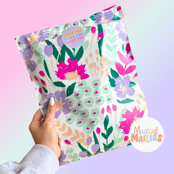 25-100ct 14.5x19” Poly Mailer BRIGHT FALLING FLORAL, 3.15mil Thick. Spring Summer Mailers, Floral Boutique Mailers, Bright Mailers