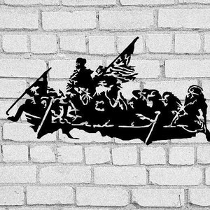 May include: Black metal silhouette of a group of people in a boat with a flag, mounted on a white brick wall.