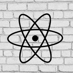 May include: A black and white illustration of an atom on a white brick wall background.