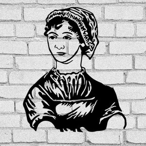 May include: Black and white line drawing of a woman with her hair pulled back and wearing a bonnet. The woman is standing with her arms crossed and looking directly at the viewer. The drawing is on a white brick wall background.