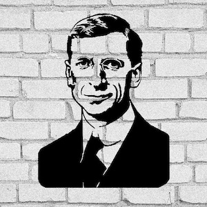 May include: Black and white silhouette of a man with short hair, wearing a suit jacket and tie. The image is against a white brick wall background.