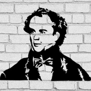 May include: Black and white silhouette of a man with curly hair, wearing a suit and bow tie, against a white brick wall background.