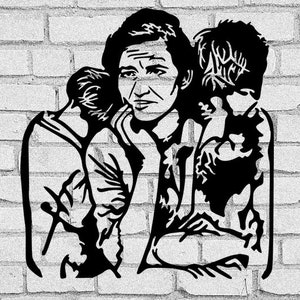 May include: Black and white illustration of a woman holding two children in her arms. The woman is looking down at the children with a concerned expression. The children are looking up at the woman.