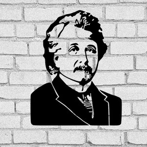 May include: Black and white silhouette of a man with a mustache and beard, wearing a suit jacket and tie, against a white brick wall background.