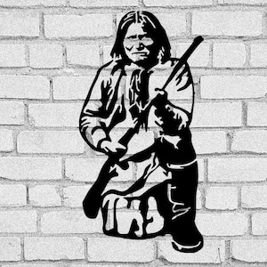 May include: Black and white silhouette of a Native American man holding a rifle, standing against a white brick wall.