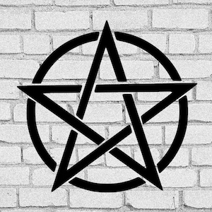 May include: A black pentagram with a circle around it, on a white brick wall background.