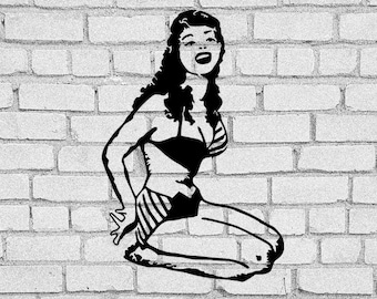 May include: Black and white illustration of a woman in a swimsuit, posed with one knee bent, on a white brick wall background.