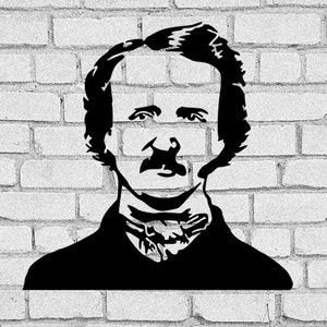 May include: Black and white silhouette of Edgar Allan Poe, a famous American author, against a white brick wall background.