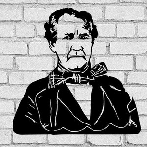 Puede incluir: Silueta en blanco y negro de un hombre con traje y pajarita, sobre una pared de ladrillos blancos. El retrato presenta una representación detallada del rostro y el atuendo del hombre, creando un contraste llamativo.