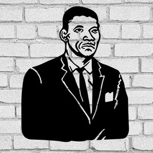 May include: Black and white illustration of a man in a suit and tie. The man is looking straight ahead with a serious expression on his face.