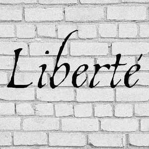 May include: The word "Liberté" written in black cursive script on a white brick wall.