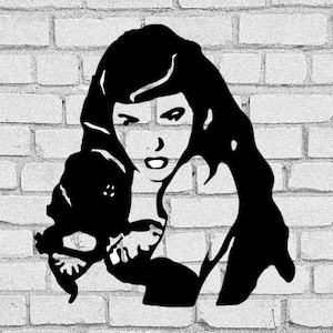 May include: Black and white silhouette of a woman with long hair, looking determined, against a white brick wall background.