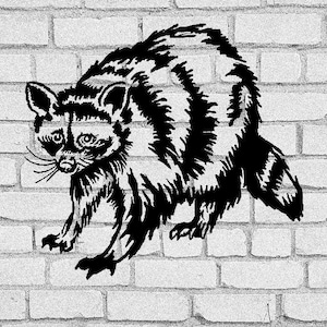 May include: Black and white line art illustration of a raccoon against a white brick wall background.