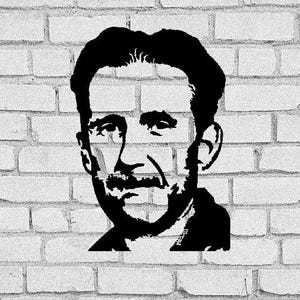 May include: Black and white silhouette of a man's face against a white brick wall background.