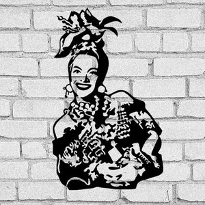 May include: Black and white silhouette of a woman with a large flower on her head, wearing a large necklace and a dress with a ruffled neckline. The image is on a white brick wall background.