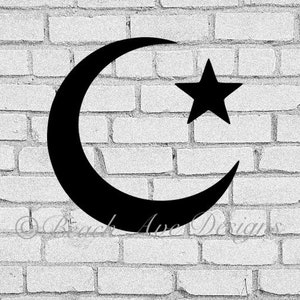 May include: A black crescent moon and star design on a white brick wall background.