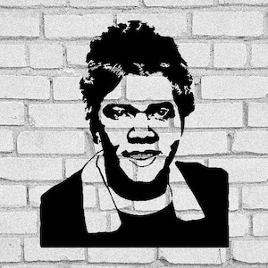 May include: A black and white stencil portrait of a person with curly hair, a collared shirt, and a serious expression. The portrait is set against a white brick wall background.