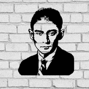 May include: Black and white silhouette of a man with short hair, wearing a suit and tie. The image is against a white brick wall background.