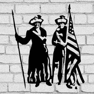 May include: Black and white silhouette of two figures in colonial attire standing in front of a brick wall. One figure holds a spear, the other holds an American flag.