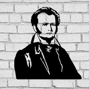 May include: A black and white stencil portrait of a man with dark hair, wearing a coat and a collared shirt. The image is set against a white brick wall background.