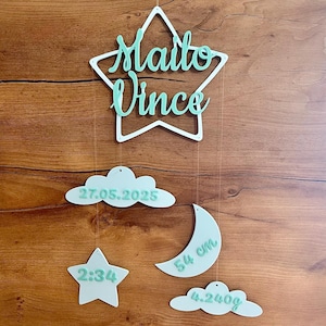 Personalized baby mobile, with name and date of birth, clouds, moon, stars, loving baby gift, handmade, two-tone