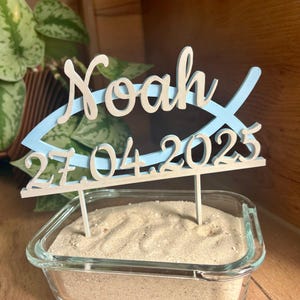 Personalized cake topper with Ichthys, fish, name, date, decorative flower arrangement, two-tone, communion, confirmation, baptism gift, confirmation