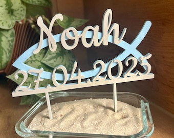 Adorno para tarta con símbolo de Ichthys, personalizado, pez, nombre y fecha, arreglo decorativo, regalo en efectivo, comunión, confirmación, bautismo, regalo de bautizo