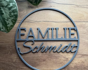 Letrero familiar personalizado, apellido FAMILIA, letrero para casa Ø 20-30 cm, letrero de pared, corona para puerta, área de entrada, buzón, resistente a la intemperie y a los rayos UV.