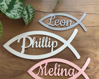 Símbolo de Ichthys / pez, nombre personalizado, texto deseado, soporte de mesa, arreglo floral, decoración de mesa, bautismo, confirmación, comunión, regalo