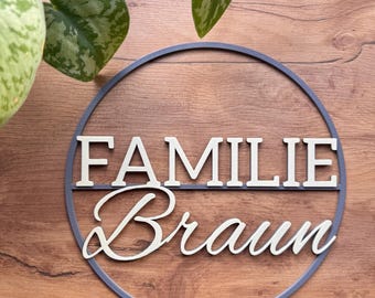FAMILIE personalisiert, Haustürschild, Familienschild Ø 20-30 cm,  Eingangsbereich, Eingangsschild, Türkranz, Wandschild witterungsbeständig