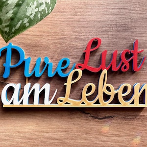 May include: Wooden sign with the words "Pure Lust am Leben" in blue, red, and gold paint.