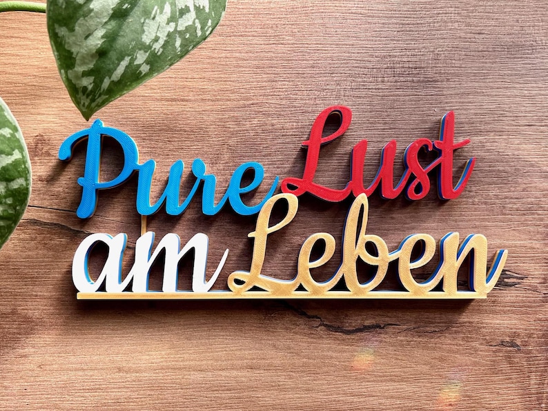 May include: Wooden sign with the words "Pure Lust am Leben" in blue, red, and gold paint.