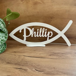 Personalized fish / Ichthys with name, lettering with table stand, flower arrangement, table decoration, baptism, confirmation, communion