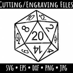 Pode incluir: Ilustração em preto e branco de um dado de vinte lados, também conhecido como d20. O dado tem os números 10, 12, 8, 2, 20, 4 e 14 em suas faces.  CUTTING/ENGRAVING FILES SVG • EPS DXF PNG • JPG