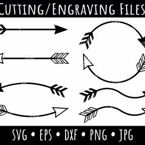 May include: A set of six black arrow designs for cutting or engraving. The arrows are in various styles, including straight, curved, and circular. The designs are perfect for crafting projects, home decor, and more.