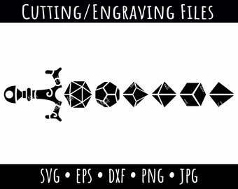 May include: Black and white silhouette of a sword with five dice, a 20-sided die, a 12-sided die, a 10-sided die, a 8-sided die, and a 4-sided die.  SVG, EPS, DXF, PNG, JPG.