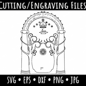 Può includere: Illustrazione in bianco e nero a linee di un portale con due pilastri e una corona sopra. Il portale è circondato da viti e il testo sopra la corona recita "ayog 12. chawoons of vo 300 cortal tits ope an".