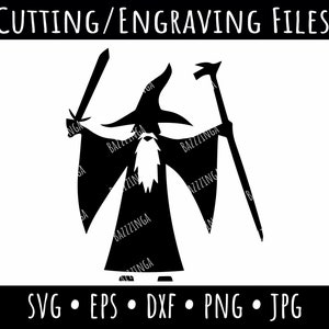 May include: Black and white silhouette of a wizard holding a staff and a sword. The wizard is wearing a pointed hat and a long robe. The image is for cutting and engraving files.