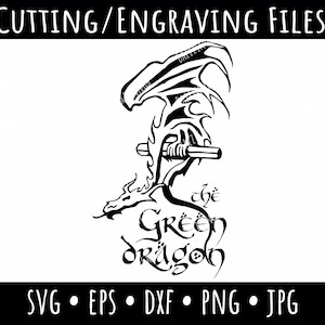 May include: Black and white illustration of a dragon with the text "the Green dragon" underneath.