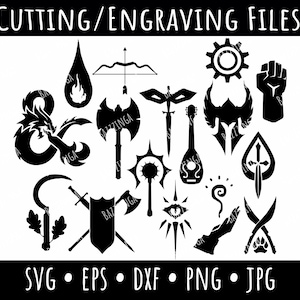 Puede incluir: Un conjunto de 15 archivos de corte digital en blanco y negro que presentan varios símbolos de fantasía y juegos de rol, incluyendo un dragón, una espada, un escudo, un laúd, una corona, una mano, un dado, un libro, un fuego, un engranaje, una máscara, un bastón, una cruz, una huella de pata y una espiral. El texto "CUTTING/ENGRAVING FILES" está en la parte superior de la imagen y el texto "SVG EPS DXF PNG JPG" está en la parte inferior de la imagen.