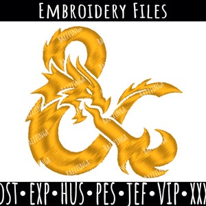 May include: Gold embroidery file of a dragon curled around an ampersand symbol. The file is available in DST, EXP, HUS, PES, JEF, VIP, and XXX formats.