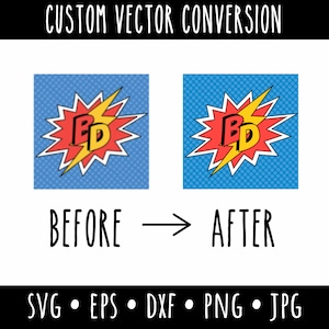 May include: Before and after image showing a custom vector conversion. The image on the left shows a red and yellow comic book style explosion with the letters "BD" inside. The image on the right shows the same image with a blue dotted background.