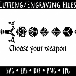 May include: Black and white digital design of a sword with a set of dice. The text "Choose your weapon" is below the image.