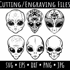 May include: Six black and white illustrations of alien heads with different facial expressions and details.  The illustrations are suitable for cutting and engraving projects.